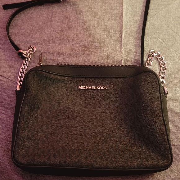 Michael Kors Handbags - Michael Kors Black Logo Crossbody with Silver Chain Detail